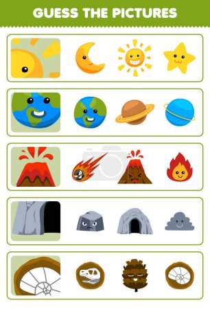 Ilustración de Education game for children guess the correct pictures of cute cartoon sun earth volcano cave fossil printable nature worksheet - Imagen libre de derechos