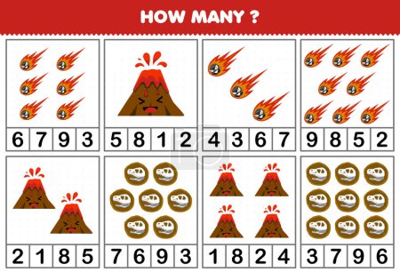 Ilustración de Education game for children counting how many cute cartoon meteor volcano or fossil in each table printable nature worksheet - Imagen libre de derechos