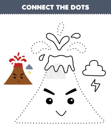Ilustración de Education game for children connect the dots and coloring practice with cute cartoon volcano printable nature worksheet - Imagen libre de derechos