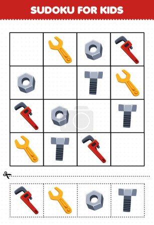 Téléchargez les illustrations : Education game for children sudoku for kids with cute cartoon nut bolt wrench printable tool worksheet - en licence libre de droit