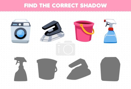 Illustration for Education game for children find the correct shadow set of cute cartoon washing machine iron sprayer bucket printable tool worksheet - Royalty Free Image