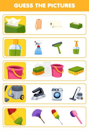 Illustration for Education game for children guess the correct pictures of cute cartoon tissue liquid soap bucket vacuum cleaner duster printable tool worksheet - Royalty Free Image