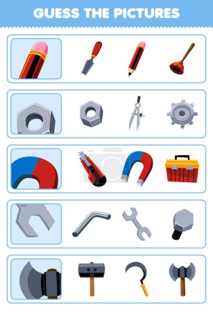 Illustrazione per Education game for children guess the correct pictures of cute cartoon pencil nut magnet spanner axe printable tool worksheet - Immagini Royalty Free