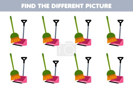 Education game for children find the different picture of cute cartoon broom and dust pan printable tool worksheet