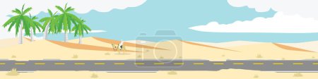 Ilustración de Paisaje de asfalto vacío en el desierto. Fondo del desierto con un oasis y un jinete de camello. Bajo el cielo azul y las nubes blancas. - Imagen libre de derechos