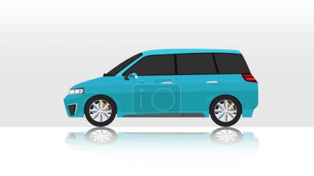 Ilustración de Concepto vector ilustración del lado detallado de una camioneta plana de color azul coche. con sombra de coche reflejada desde el suelo. Y fondo blanco aislado. - Imagen libre de derechos