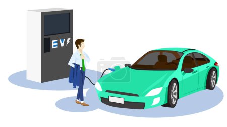 Illustration for Driving man in smart suit hold the coat. Walking front of Electric vehicle car green color.  Electric power supply to cars by tpye two. Isolated white background. - Royalty Free Image