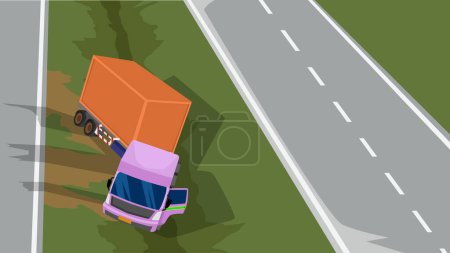 Accident with a cartoon of container truck falling off the road. Passed away and landed in the middle of the road. Two parallel roads.