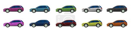 Vector o ilustrador de hatchback coches colección colorida. Diseño de vehículos eléctricos coche. Coches coloridos con capas separadas. Sobre fondo blanco aislado.