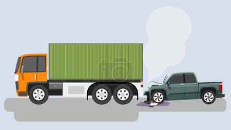Illustration for Accident in pickup truck crashed into the back of a container car. Causing damage in front of the pickup truck - Royalty Free Image