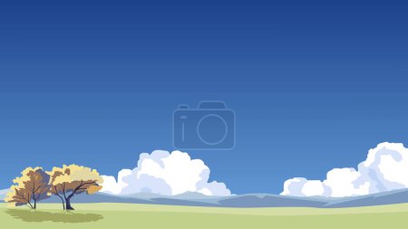 Ilustración de Fondo para la presentación. Árboles de primavera en la colina verde del prado. Bajo la montaña y el cielo azul claro con couds blancos. Espacio libre en el centro para insertar texto. - Imagen libre de derechos