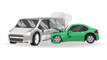 Vector o ilustración accidente de coche. Choque deportivo en medio de la furgoneta. Capucha de coche verde abierta con humo. Antecedentes.