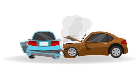 Vector o ilustración del coche. Dos coches en accidente. Capucha de coche deportivo de color marrón abierto con humo. La puerta lateral azul del coche abierta con falda trasera está rota. Aislado sobre un fondo blanco.