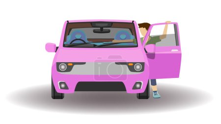 Cartoon-Vektor oder Illustrator vor dem Auto. Rosa des K-Autos mit fahrendem Mann öffnet die Tür. Treten Sie auf, um ins Auto zu steigen. Mit Schatten und isoliertem weißen Hintergrund.