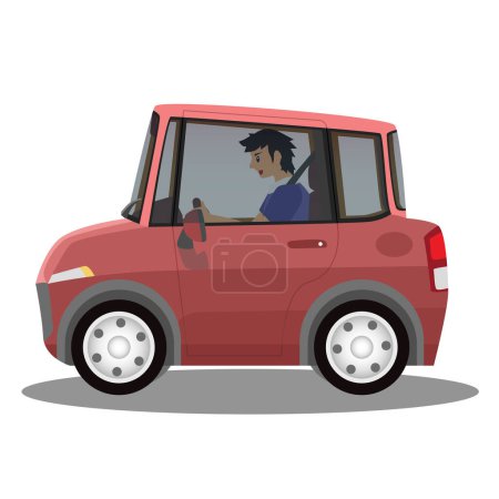 Cartoon vetor or illustrator of mini car with driving man inside car. Sedan car red color can view interior of car. on isolated white backgorund with shadow.