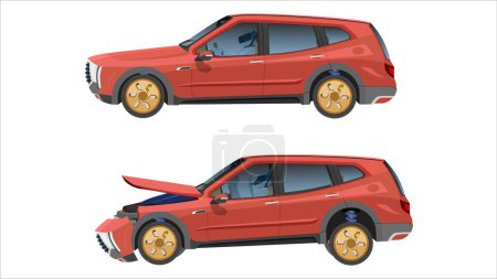 Cartoon-Vektor oder Illustration von Status beschädigen Autos. Rotes Auto auf weißem Hintergrund. Nominaler Zustand und beschädigter Kühlergrill wurden beschädigt, wodurch das Airbag-System auslöste.