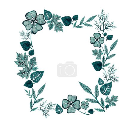 Photo for A frame of turquoise plants on a white background. Graphically drawn leaves with strokes and lines. - Royalty Free Image