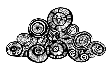 Schwarz-weiße Zierwolke auf weißem Hintergrund. Gezeichnet mit Linien und Strichen. Kreise, Spiralen, Locken.