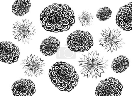 Photo for A pattern of various flowers in a black and gray outline on a white background. Asters, cornflowers. - Royalty Free Image