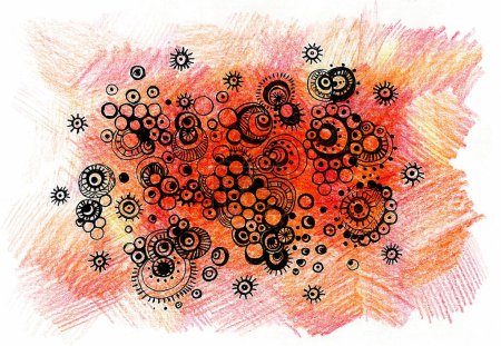 Photo for Decorative elements with black lines. Circles, spirals, dots. On a background shaded with colored pencils. Red, pink, orange warm colors. - Royalty Free Image