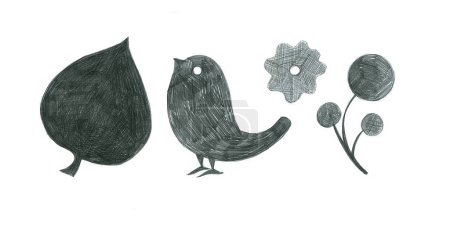 Photo for The elements are drawn with a simple pencil on a white background. Different shades of gray, strokes are visible. A leaf, a bird in profile, a flower and round flowers on a shoot. - Royalty Free Image