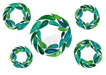 Photo for A pattern of circles of different sizes consisting of green leaves. Leaves of different shades of green. Watercolor blur. White background. - Royalty Free Image