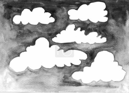 Photo for White clouds of different shapes and sizes. The background has a transition from black above to light gray below. Ink blur. Watercolor paper texture. Overcast sky. - Royalty Free Image