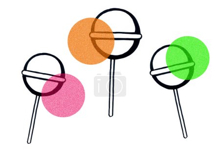 Photo for Pattern of three lollipops - Chupa Chups with a black outline isolated on a white background. Colored circles with partial overlap - pink, orange, green. - Royalty Free Image