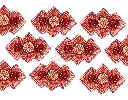 Photo for A pattern of red-brown detailed ornament repeating on a white background. The ornament consists of geometric elements. - Royalty Free Image