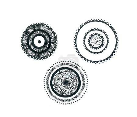 Set of three circles with black decor. Lines, dots, dashes, triangles. Isolated on white background.