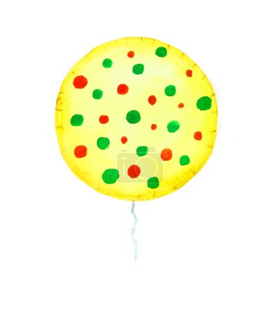 Photo for A round yellow balloon. In red and green dot. With a gray wavy thread at the bottom. Isolated on white background. Watercolor. - Royalty Free Image