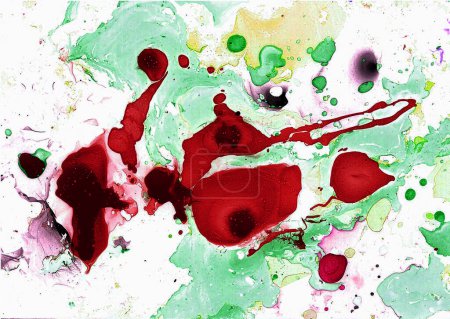 Photo for Abstract background of red, green, white, purple, yellow chaotic spots. Marble effects and blur. Red spots resemble spilled blood. - Royalty Free Image