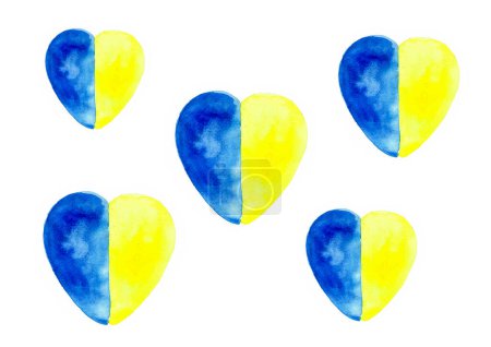 Foto de Patrón de corazones divididos por la mitad verticalmente en azul y amarillo. Diferente en tamaño. A la izquierda es azul, a la derecha es amarillo. Acuarela borrosa. Aislado sobre fondo blanco. Bandera de Ucrania. - Imagen libre de derechos