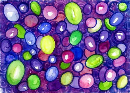 Photo for Abstraction from colored circles and ovals. Similar to grape berries. On the background is a blue decorative ornament. Circles of green, blue, purple, yellow colors with white highlights. Watercolor. - Royalty Free Image