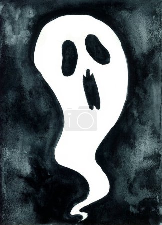 Téléchargez les photos : Fantôme blanc sur fond noir avec flou aquarelle. Yeux noirs allongés et bouche béante. Le corps du fantôme se rétrécit et se tord en un instant. - en image libre de droit
