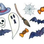 A set of different Halloween attributes. Bats, a ghost, a skull, a broom, a witch's hat, a web, candy. Objects isolated on a white background. Painted with watercolor and black outline.