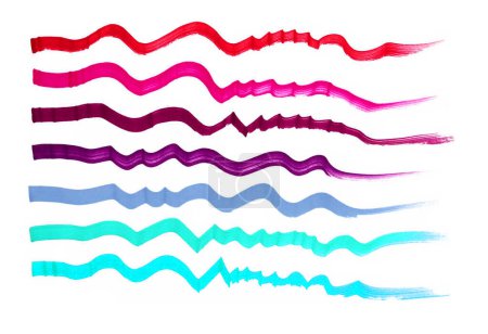 Photo for Lines of different colors are horizontally arranged on a white background. The lines start flat, then turn into waves and curves. Left to right. Marker samples. Red, pink, purple, blue, turquoise, blue colors. Different shades. - Royalty Free Image