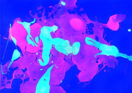 Photo for Abstract bright chaotic blue and pink spots on a blue background. Marble effects and blur. Neon. - Royalty Free Image