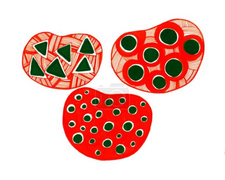 Foto de Tres objetos sobre un fondo blanco cubierto con un ornamento. La forma se asemeja a una verdura o fruta. Color rojo y verde. Doodle. Puntos, triángulos, líneas, trazos. - Imagen libre de derechos