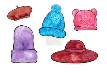 Photo for Set of hats isolated on white background. Brown beret, burgundy hat. A purple oblong hat, blue hat with bauble and pink one with two baubles. Watercolor and black outline. Knitting texture and blur. - Royalty Free Image