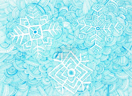 Photo for White snowflakes on an abstract background in doodle style. Various lines, dots, strokes, spirals and other ornament in blue on a white background. Winter, snow, decor, wrapping paper, Christmas. - Royalty Free Image