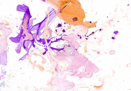 Photo for Abstraction of pink, purple, orange spots randomly spilled on a white background. Marble effects, splashes, drops, blurs. Pastel colors. - Royalty Free Image