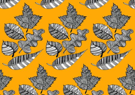 Photo for Pattern of leaves of different trees. Drawn with different lines in doodle style. The leaves are black and white. The background is orange. Willow, oak, maple and other leaves. Delicate thin strokes. - Royalty Free Image