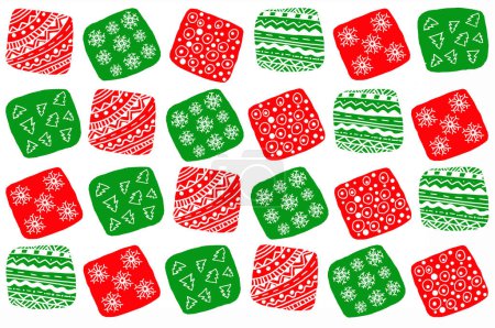 Photo for Pattern of red and green squares with decor isolated on white background. Irregular shape. Decor of white lines, zigzags, dots, triangles, wavy lines, Christmas trees, snowflakes. Christmas decor. - Royalty Free Image