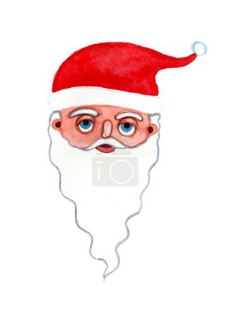 Photo for Portrait of Santa Claus isolated on white background. Drawing by hand, watercolor. Stylized and funny. Red hat. White beard, mustache, eyebrows. Round blue eyes. White objects are highlighted outline. - Royalty Free Image