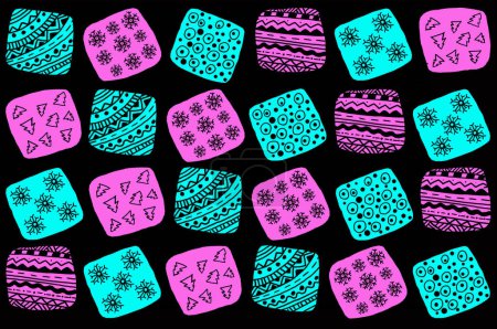 Pattern of pink and blue squares with black decoration on black background. Lines, circles, dots, snowflakes, stylized Christmas trees, zigzags and other ornaments. Curved squares. Computer Graphics.