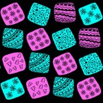 Pattern of pink and blue squares with black decoration on black background. Lines, circles, dots, snowflakes, stylized Christmas trees, zigzags and other ornaments. Curved squares. Computer Graphics.