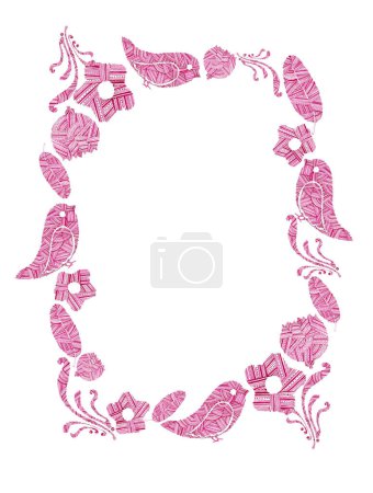 Photo for Frame of pink elements of flowers, birds, decorative curls. White background, copy space. Doodle style. Elements consist of lines, strokes, dots. Flowers, leaves of different shapes. Birds in profile. - Royalty Free Image
