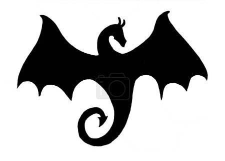 Photo for Silhouette of dragon with spread wings. The head is turned to the right. The tail is twisted into a spiral. Filling in black. Isolated on white background. Symbol, sign, simple image without details. - Royalty Free Image