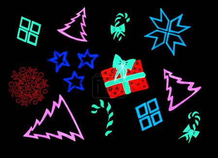 Photo for Various colored Christmas elements on a black background. Christmas trees, stars, lollipops in the form of hooks, gift, snowflake, bows. Outline drawing. Pink, blue, red, turquoise colors. Inversion. - Royalty Free Image